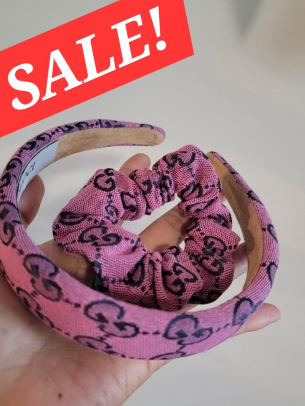 🔴58 Sale!! 2pcs Pink Mono Patterned Headband and Scrunchie Hair Tie